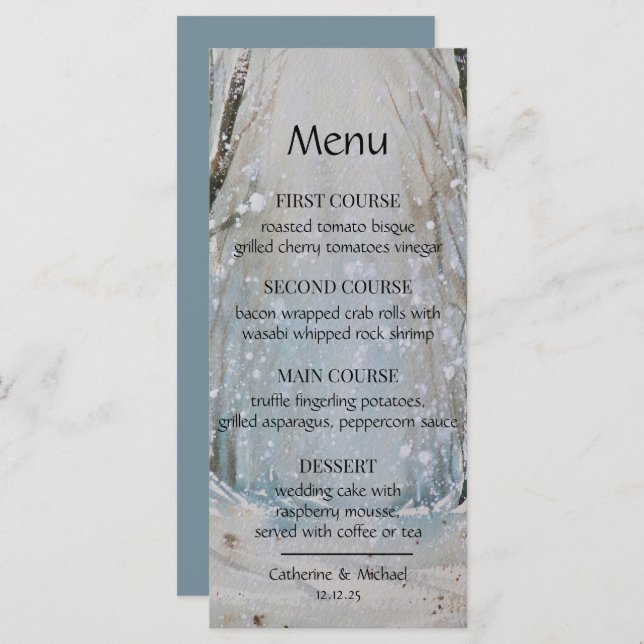 Rustic Dusty Blue Winter Forest Watercolor Wedding Menu (Front/Back)
