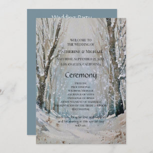 Rustic Dusty Blue Winter Forest Watercolor Wedding Programme