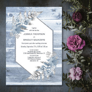 Rustic Dusty Blue Wood Botanical Wedding Invitation