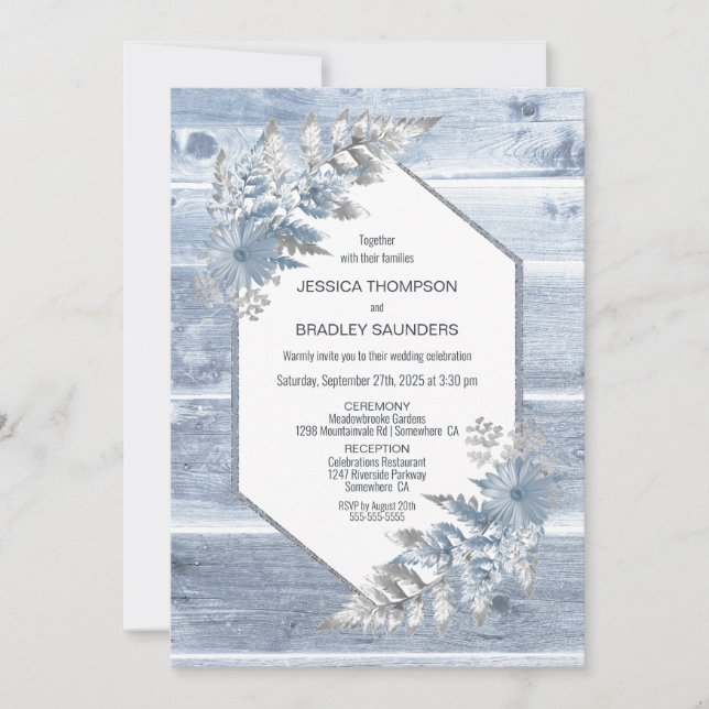 Rustic Dusty Blue Wood Botanical Wedding Invitation (Front)