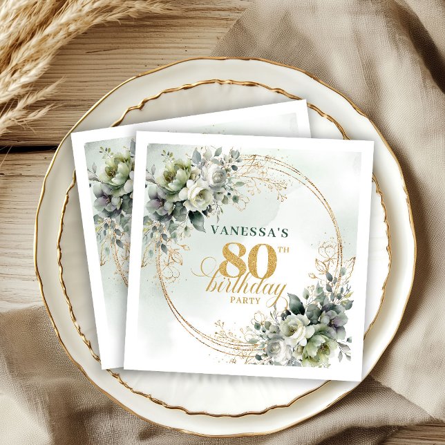 Rustic Dusty Green Eucalyptus 80th Birthday Napkin (Rustic Dusty Green Eucalyptus 80th Birthday Napkins)