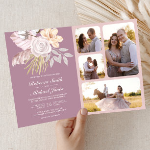 Rustic Dusty Mauve Pink Floral QR Code Wedding Invitation