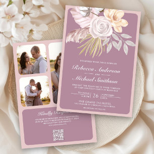 Rustic Dusty Mauve Pink Floral QR Code Wedding Invitation