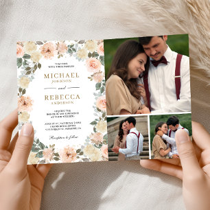 Rustic Dusty Peach Floral Photo QR Code Wedding Invitation