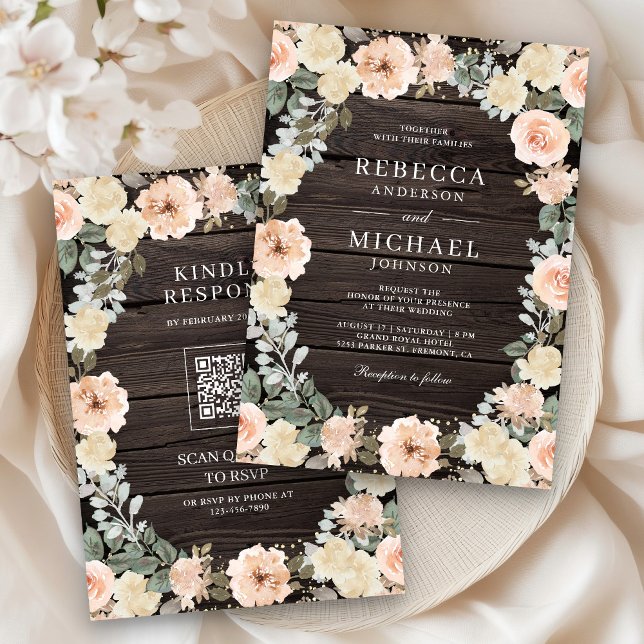 Rustic Dusty Peach Floral QR Code Wood Wedding Invitation (Creator Uploaded)