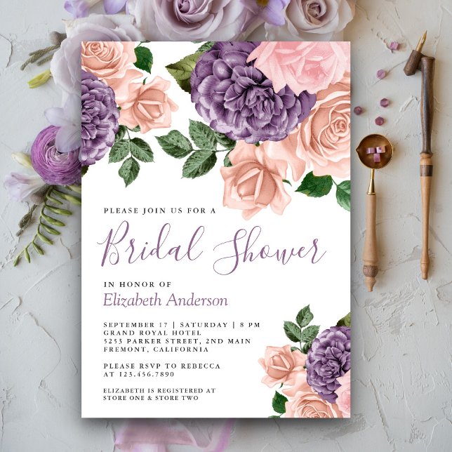 Rustic Dusty Peach Purple Floral Bridal Shower     Invitation (Creator Uploaded)