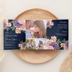 Rustic Dusty Peach Purple Floral Navy Blue Wedding Tri-Fold Invitation
