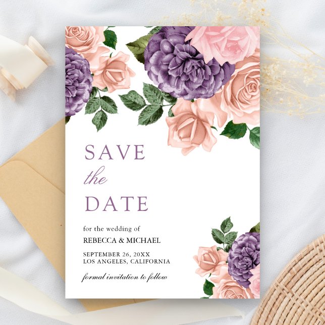 Rustic Dusty Peach Purple Floral Wedding Save The Date (Creator Uploaded)