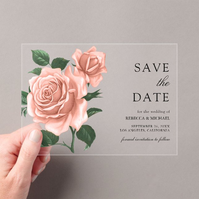 Rustic Dusty Peach Roses Wedding Save the Date Acrylic Invitations (Insitu (Handheld))