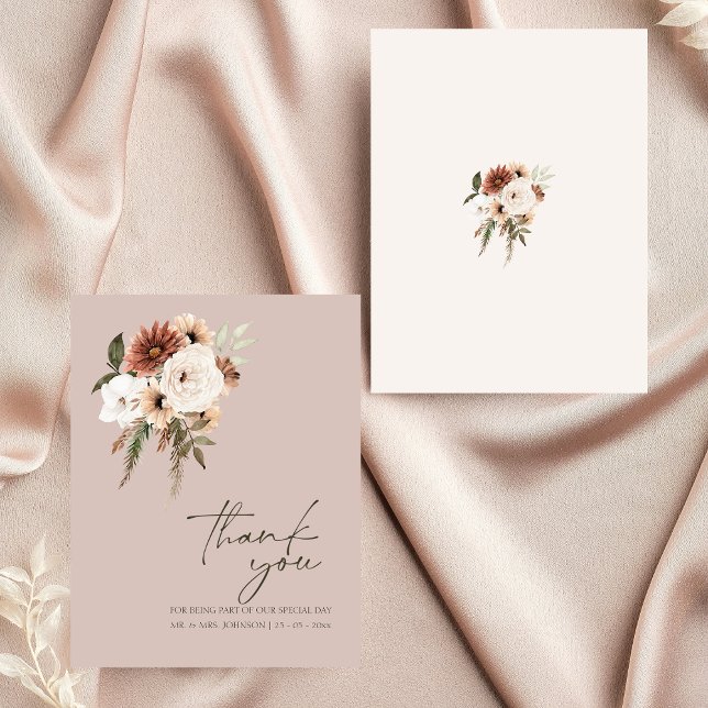 Rustic Dusty Pink and Green Script Thank You Card (Rustic Dusty Pink Green Floral Wedding Thank You)
