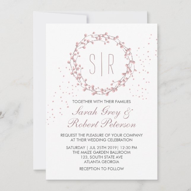 Rustic Dusty Pink Floral Wreath Wedding Invitation (Front)