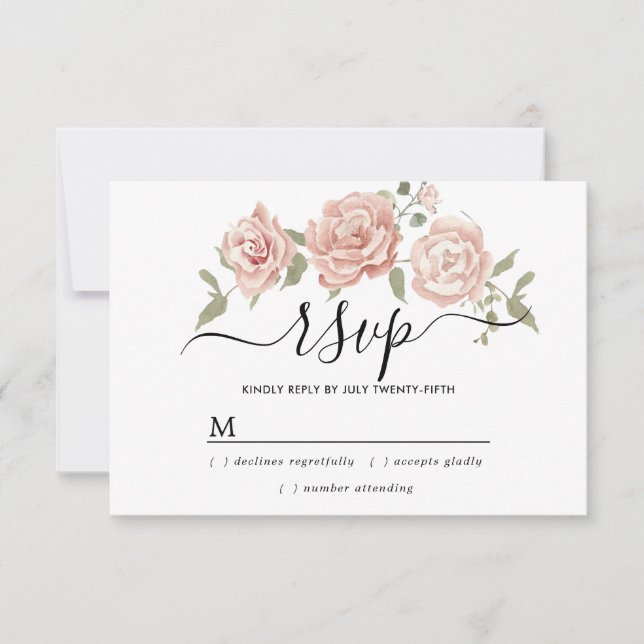 Rustic Dusty Pink Rose Floral Wedding  RSVP Card (Front)