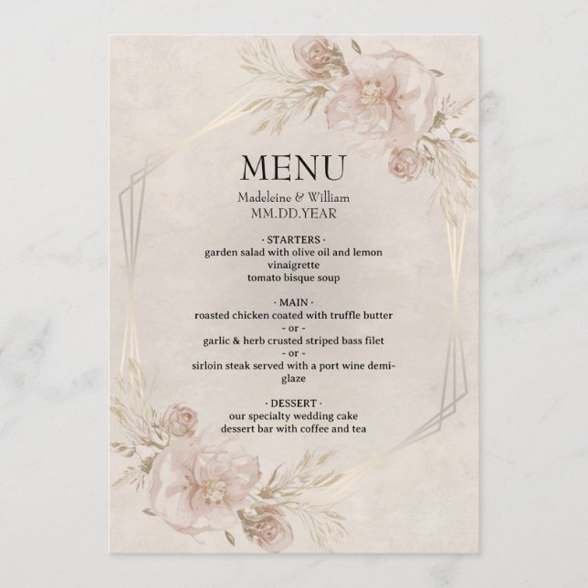 Rustic Dusty Pink Roses & Wildflowers Wedding Menu (Front)