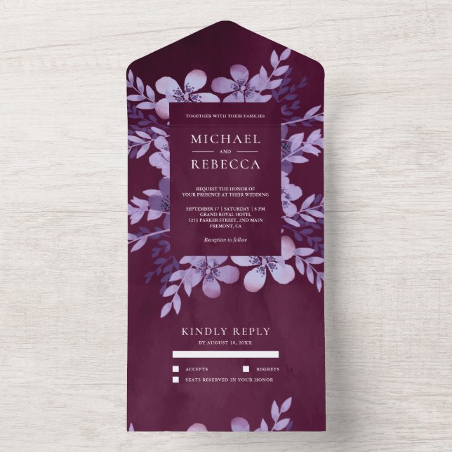 Rustic Dusty Purple Floral Bouquet Plum Wedding All In One Invitation (Inside)