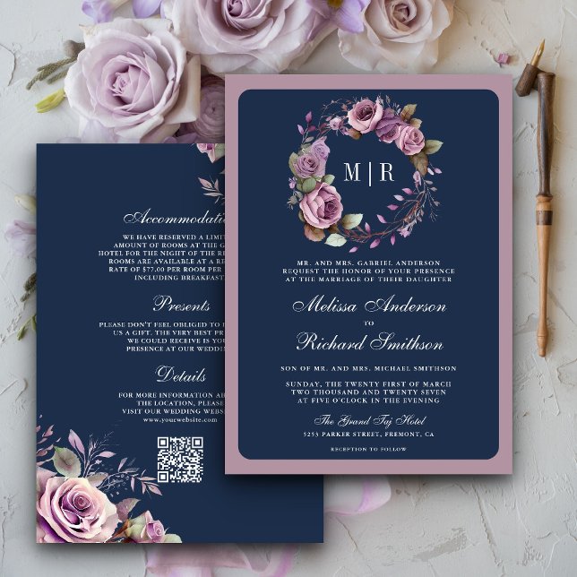 Rustic Dusty Purple Floral Navy QR Code Wedding Invitation (Creator Uploaded)