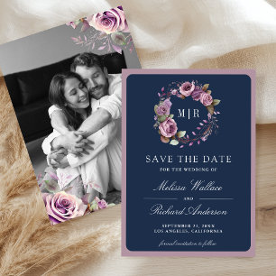 Rustic Dusty Purple Floral Photo Navy Blue Wedding Save The Date