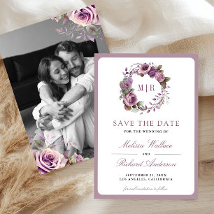 Rustic Dusty Purple Floral Photo Wedding Save The Date