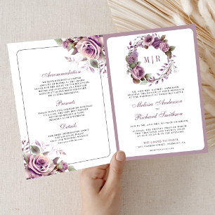 Rustic Dusty Purple Floral QR Code Wedding Invitation