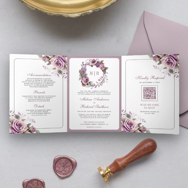 Rustic Dusty Purple Floral QR Code Wedding Tri-Fold Invitation (Creator Uploaded)