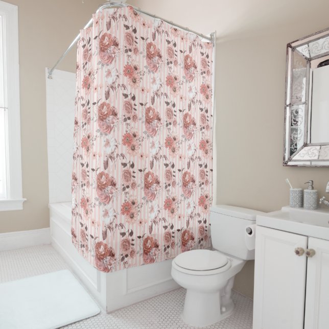 Rustic Dusty Rose Blush Pink Floral Shower Curtain (In Situ)