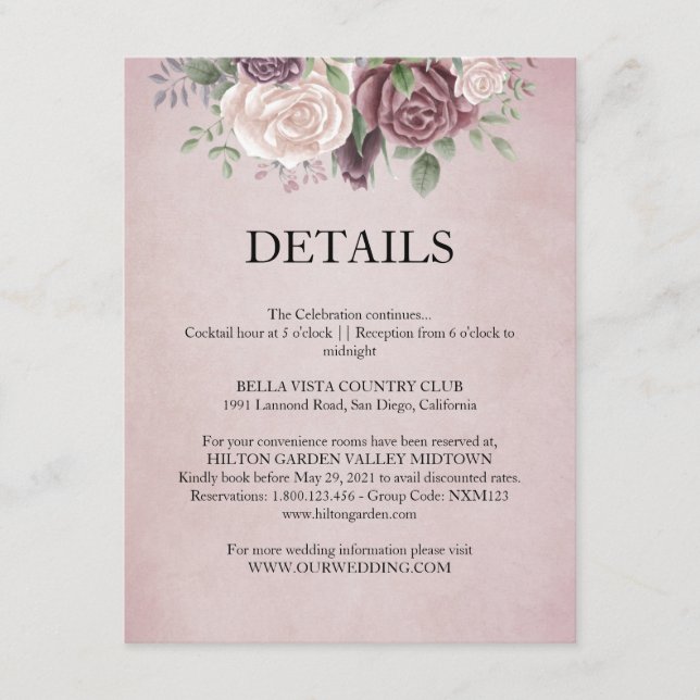 Rustic Dusty Rose Floral Bouquet Detail Card (Front)