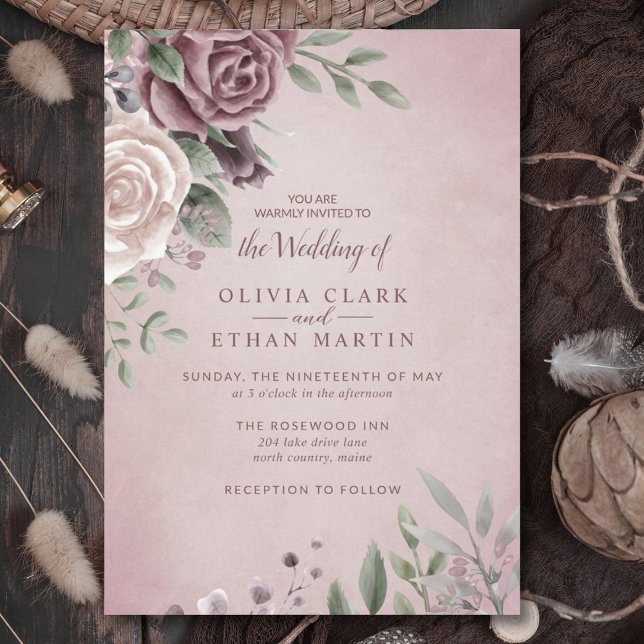 Rustic Dusty Rose Floral Bouquet Pink Invitation (Creator Uploaded)