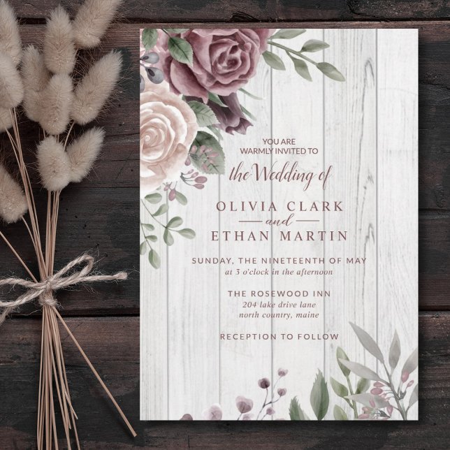 Rustic Dusty Rose Floral Bouquet Wood Invitation (Creator Uploaded)