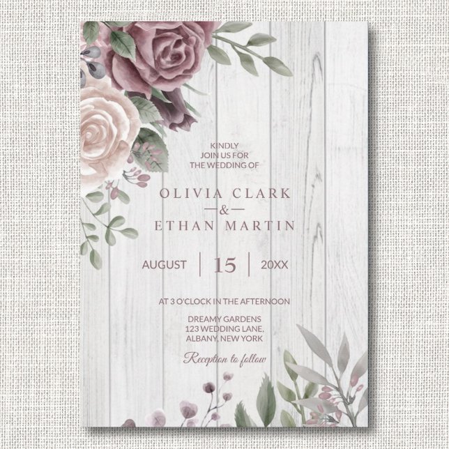 Rustic Dusty Rose Floral Bouquet Wood Invitation (Creator Uploaded)