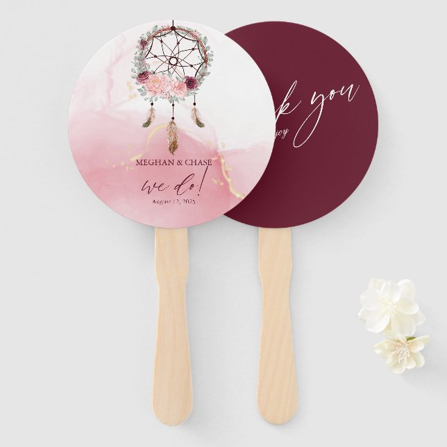 Rustic Dusty Rose Floral Dream Catcher Hand Fan (Front and Back)