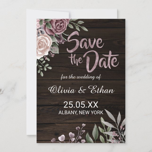 Rustic Dusty Rose Floral on Dark Wood Save The Date (Front)