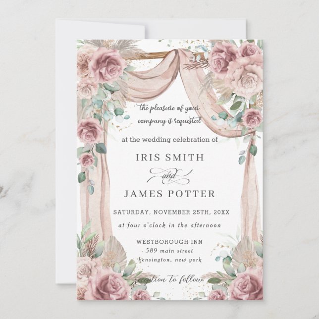 Rustic Dusty Rose Floral Pampas Grass Wedding Arch Invitation (Front)