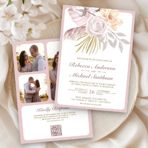 Rustic Dusty Rose Pink Floral QR Code Wedding Invitation