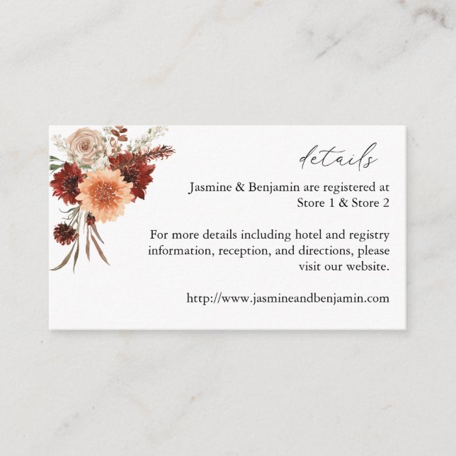 Rustic Earth & Champagne Florals Details Small Enclosure Card (Front)