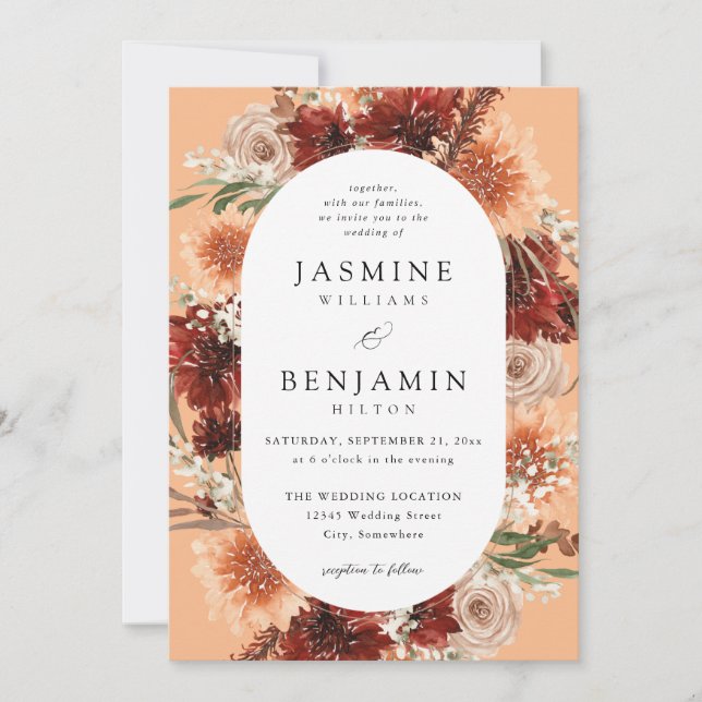 Rustic Earth & Champagne Florals Wedding- Peach Invitation (Front)