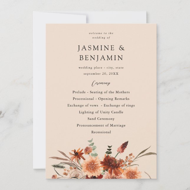 Rustic Earth & Champagne Florals Wedding Program B Invitation (Front)