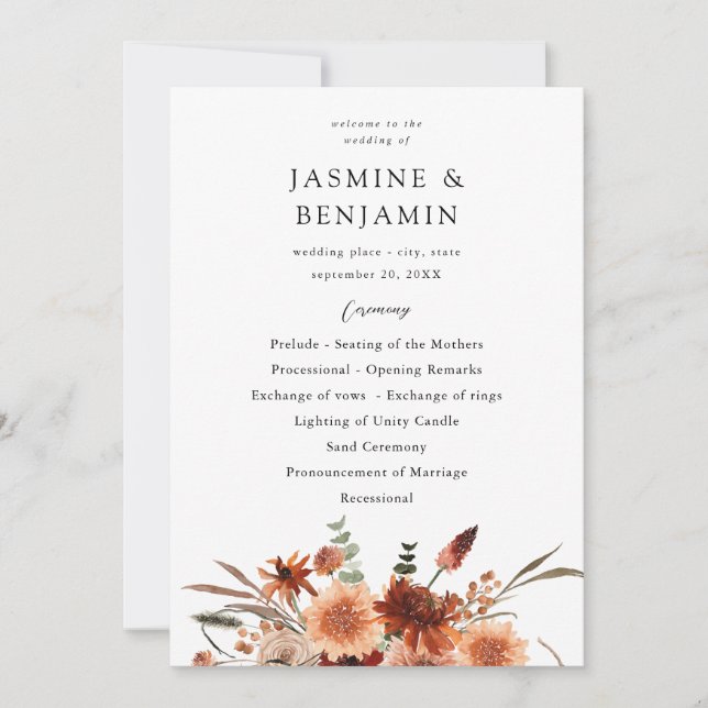 Rustic Earth & Champagne Florals Wedding Program Invitation (Front)