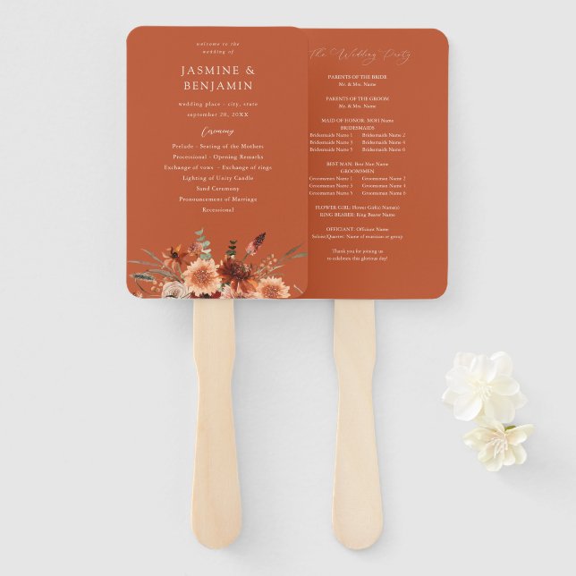 Rustic Earth & Champagne Florals Wedding Program T Hand Fan (Front and Back)
