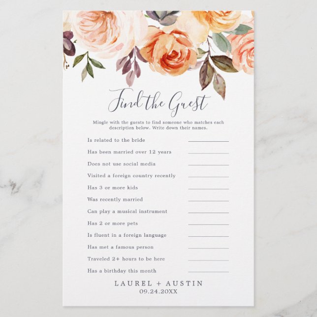 Rustic Earth Find the Guest Wedding Reception Game Flyer (Front)