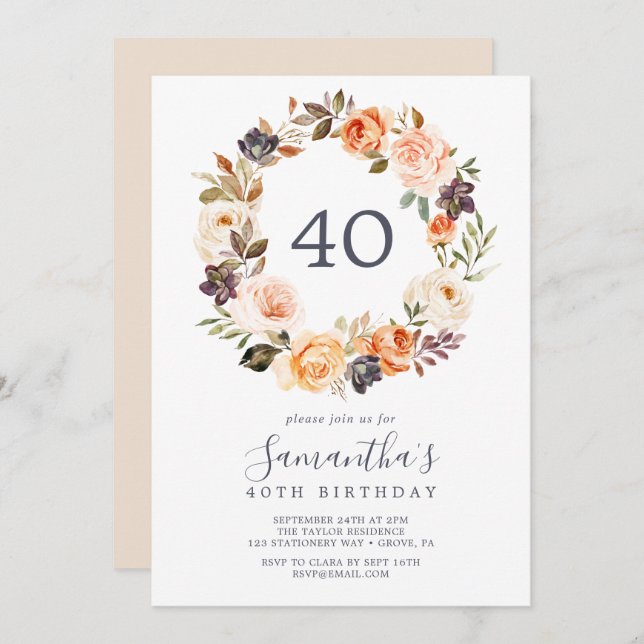 Rustic Earth Florals 40th Birthday Invitation (Front/Back)