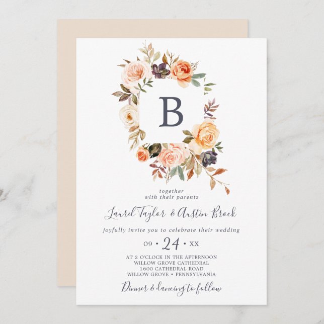 Rustic Earth Florals Monogram Wedding Invitation (Front/Back)