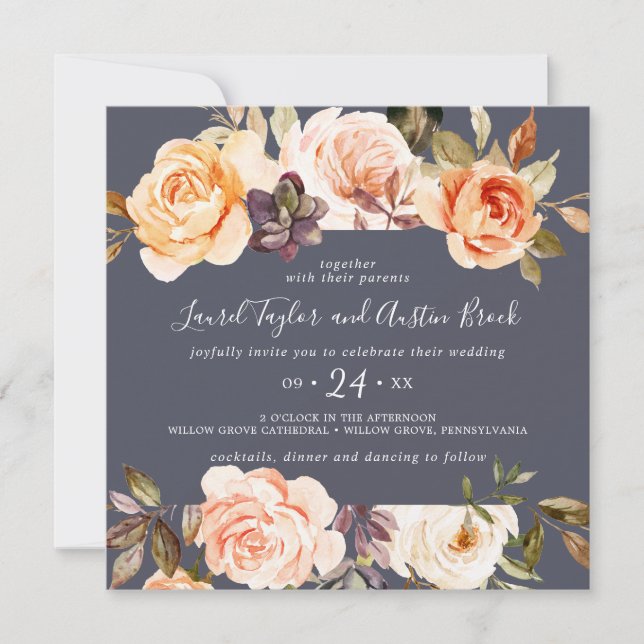 Rustic Earth Florals | Purple Square Wedding Invitation (Front)