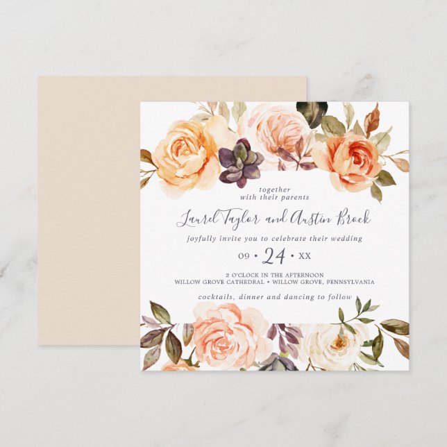Rustic Earth Florals Square Wedding Invitation (Front/Back)