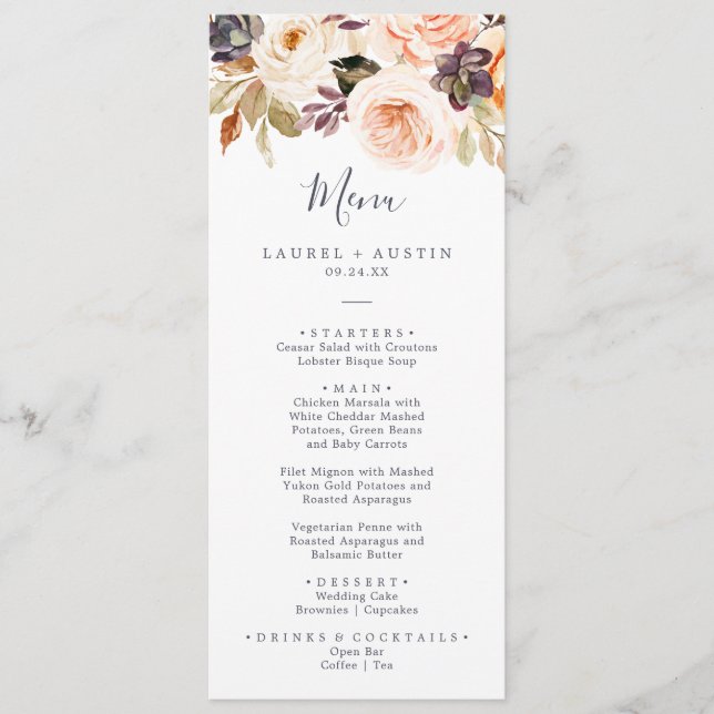 Rustic Earth Florals Wedding Dinner Menu (Front)