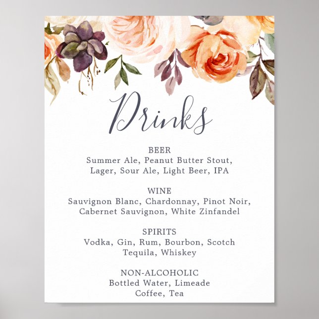 Rustic Earth Florals Wedding Drinks Menu Sign (Front)