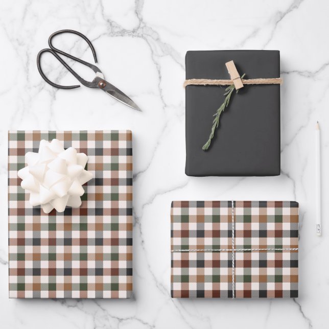 Rustic Earth Tone Chequered Plaid Wrapping Paper Sheet (Front)