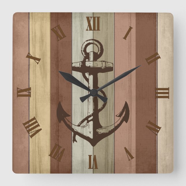 Rustic Earth Tone Wood Nautical Stripes & Anchor Square Wall Clock (Front)