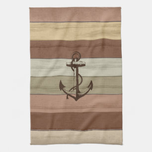 Rustic Earth Tones Wood Nautical Stripes & Anchor Tea Towel