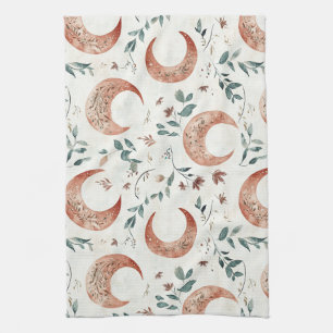 Rustic Earthy Boho Moon Floral Pattern Tea Towel