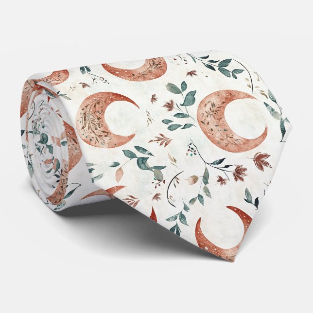 Rustic Earthy Boho Moon Floral Pattern Tie (Rolled)