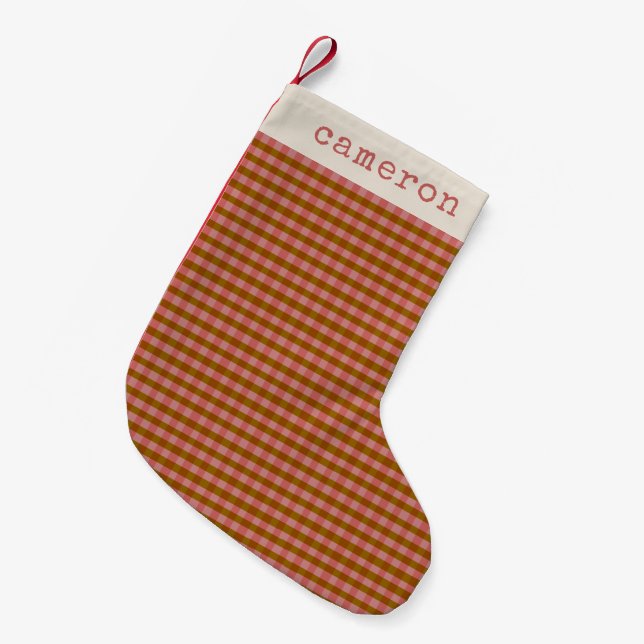 Rustic Earthy Brown Plaid Personalised Name Small Christmas Stocking (Front (Hanging))
